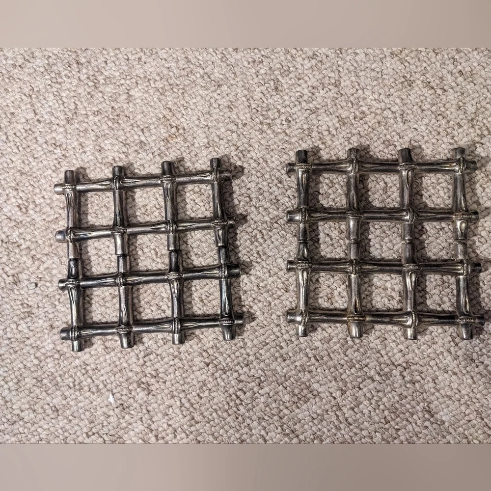 Vintage bamboo inspired expanding trivets, silver toned